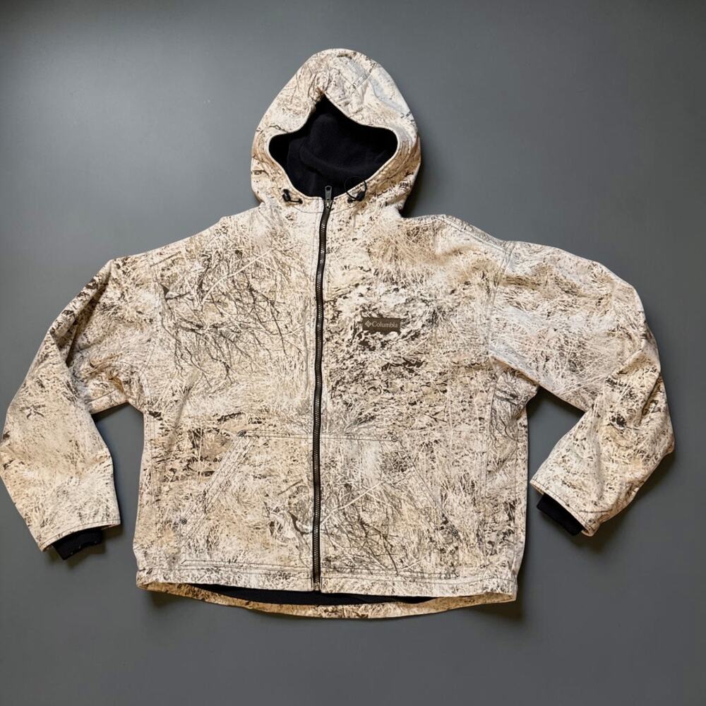 Columbia Hunting Jacket Mens Brown Tan Camouflage Hooded Full Zip Short Sz XL
